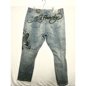 Ed Hardy Designer Slim Taper Eagle Print Light Blue Denim‎ Jeans Size 42 NWT